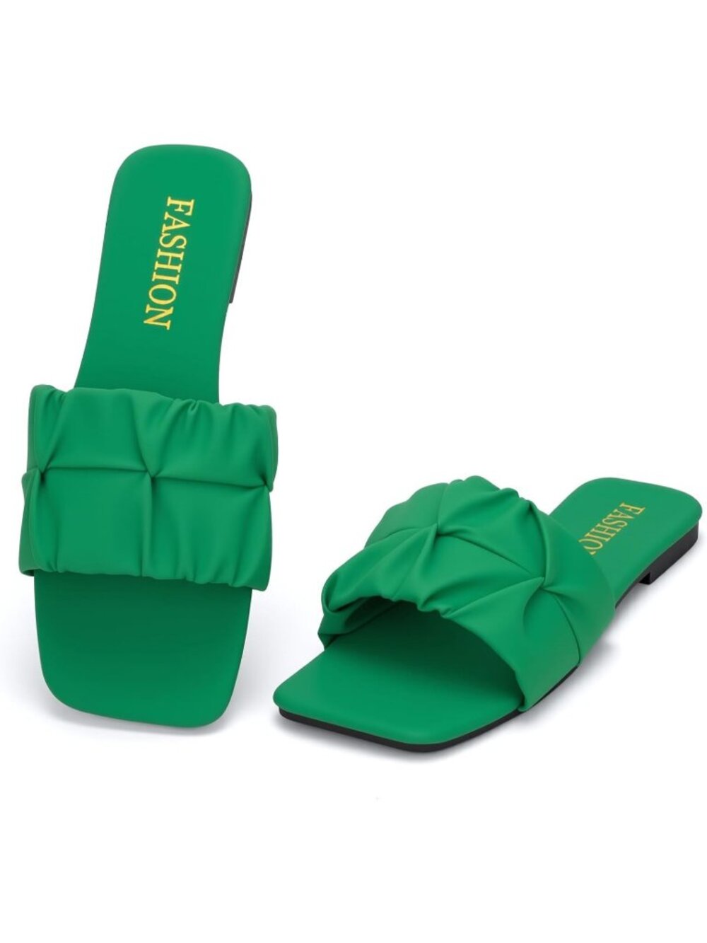 Women's Green Pleated Square Toe Slide Sandals Summer Trendy Wedding Flats Shoes